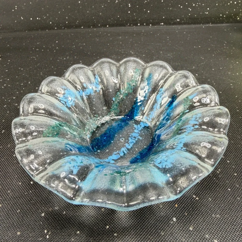 Artisan Fused Glass Scalloped Bowl Blue Teal Striped Coastal Decor Hand Made 5in